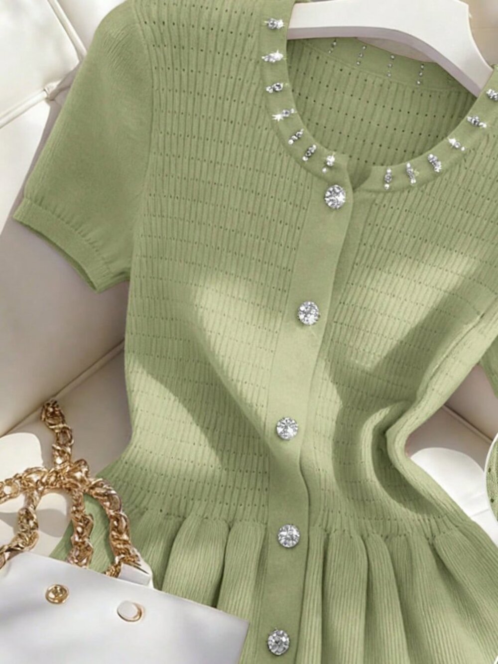 Green Casual Women's Elegant Round Neck Fitted Short Sleeve Ruffle Hem Cardigan
